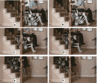 Climbing Stairs” shows 6 screen shots taken from a video of the wheelchair and passenger climbing stairs. Hand rails are present, but the passenger is not using them. Figure 3A shows a side view of the wheelchair backed up against the stairs. The spider wheel is visible with two minor wheels level on the floor. The caster skids and front skids are visible with their tips near the floor.
Figure 3B shows the spider wheel with forward minor wheel lifted several inches. The caster skids have lifted to the top of the first step and front skids have extended to balance and level the wheelchair.
Figure 3C shows the spider wheel with its aft minor wheel resting on the first step and forward minor unsupported and level with the aft minor wheel. The caster skids have lifted to the top of the second step and front skids have further extended to balance and level the wheelchair.
Figure 3D shows the spider wheel with two minor wheels high and one low and supporting on the first step. The caster skids are resting against the edge of the third step. The front skids continue to extend to balance and level the wheelchair.
Figure 3E shows continued climbing with aft minor wheel on the edge of the third step. The caster skids are now hidden behind a wall on the side of the stairway. The front skids are now resting on the edge of the first step.
Figure 3F shows continued climbing with the front skids are now resting on the top of the first step.